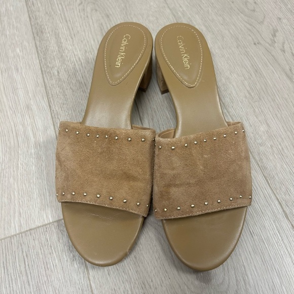 Calvin Klein Suede Tan Stud Mules - Picture 1 of 5